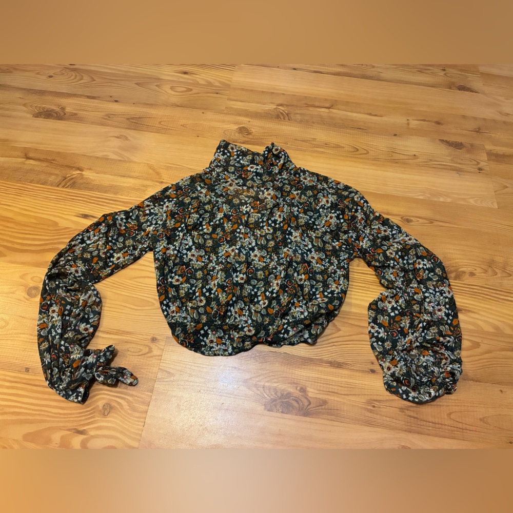 Free People Floral Sheer Mesh Mock Neck Long Sleeve Top Boho Cottagecore Sz S